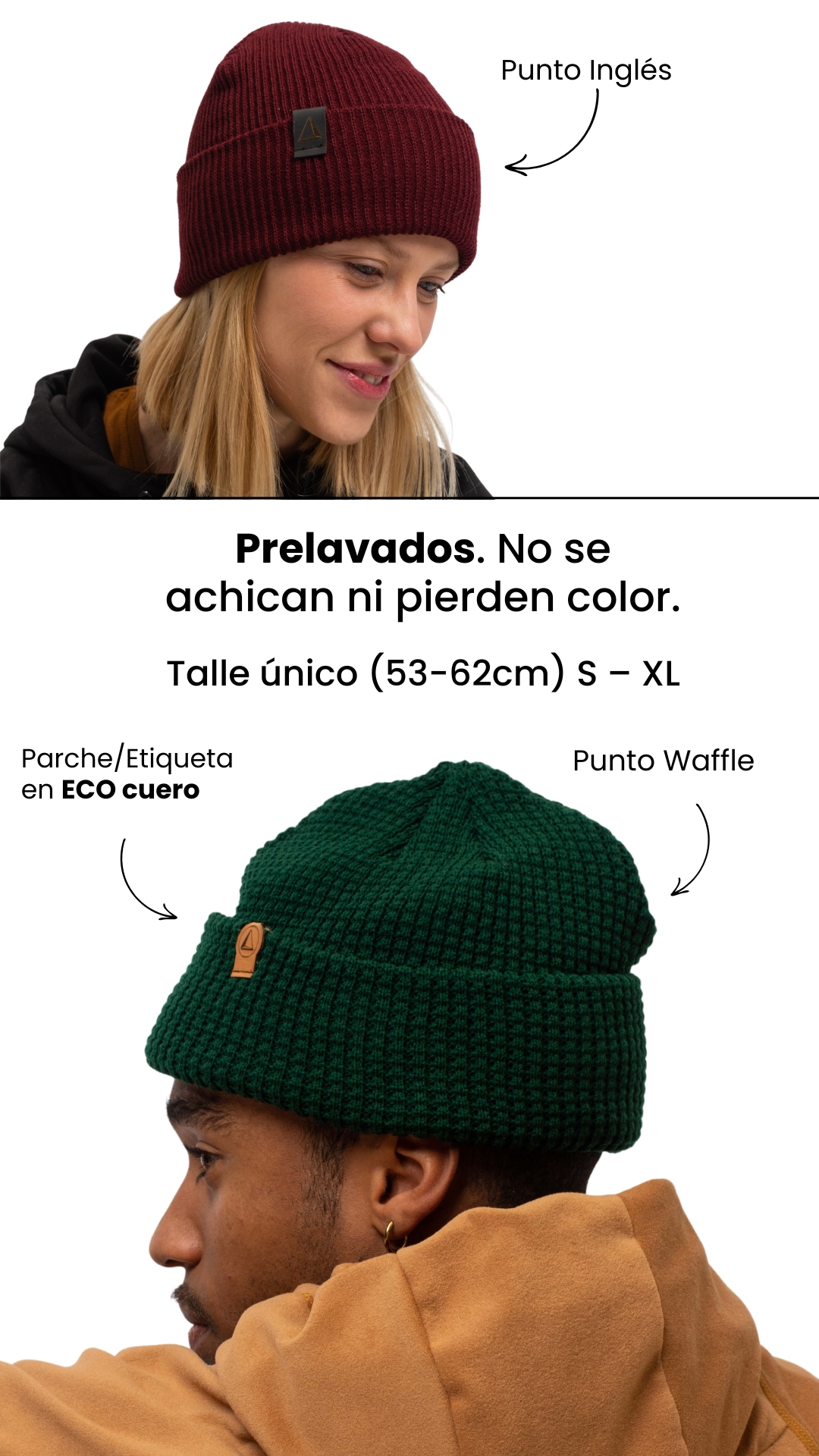 Punto Inglés Prelavados. No se achican ni pierden color.  Talle único (53-62cm) S – XL Parche/Etiqueta en ECO cuero Punto Waffle